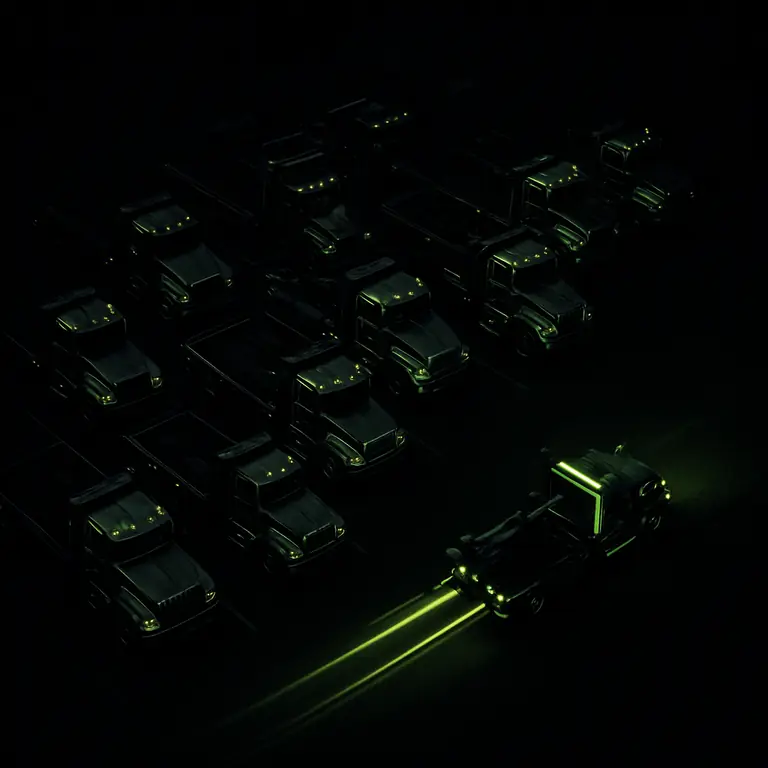 Aerial night view of a tow truck depot with lime marker lights