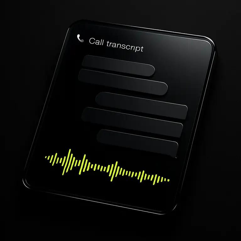 Dark glass panel showing a recorded call transcript with lime waveform