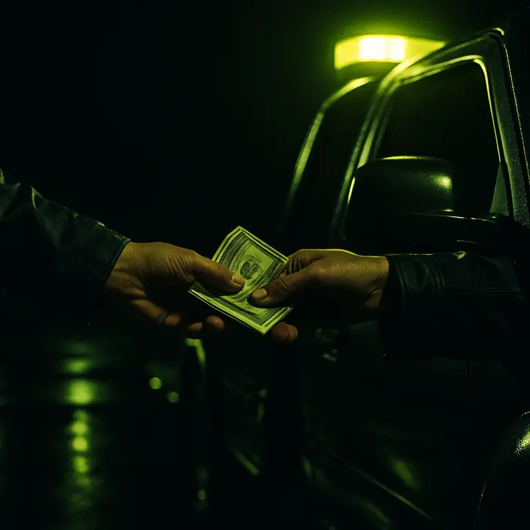 Cash changing hands beside a tow truck at night