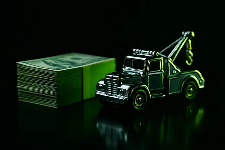 Stack of cash beside a chrome tow truck model under lime light