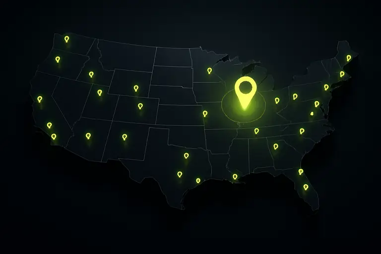 Dark map of the United States with glowing lime territory pins