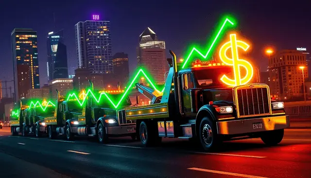A row of tow trucks on a city highway at night under a glowing green growth line and dollar sign