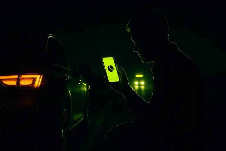Stranded driver at night holding a phone glowing lime, calling the number one tow company