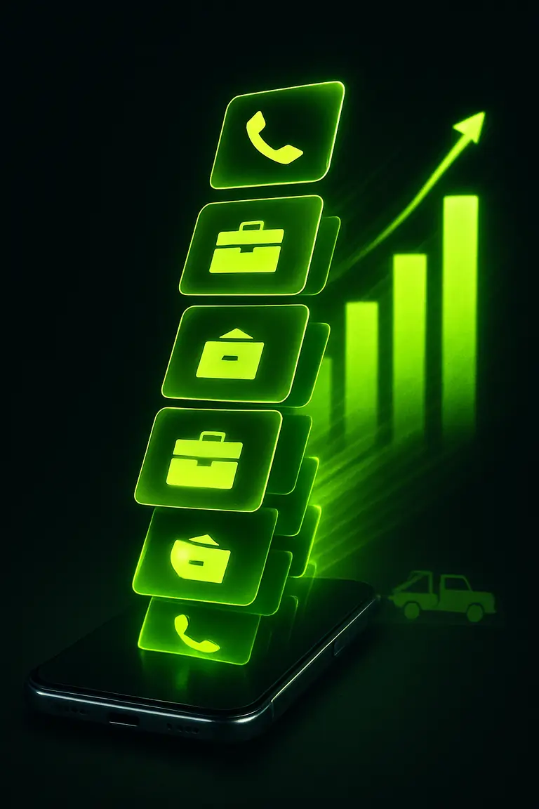 Phone blowing up with multiplying lime call and job notifications over a rising chart