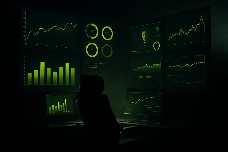 Dark mission-control room with lime performance dashboards