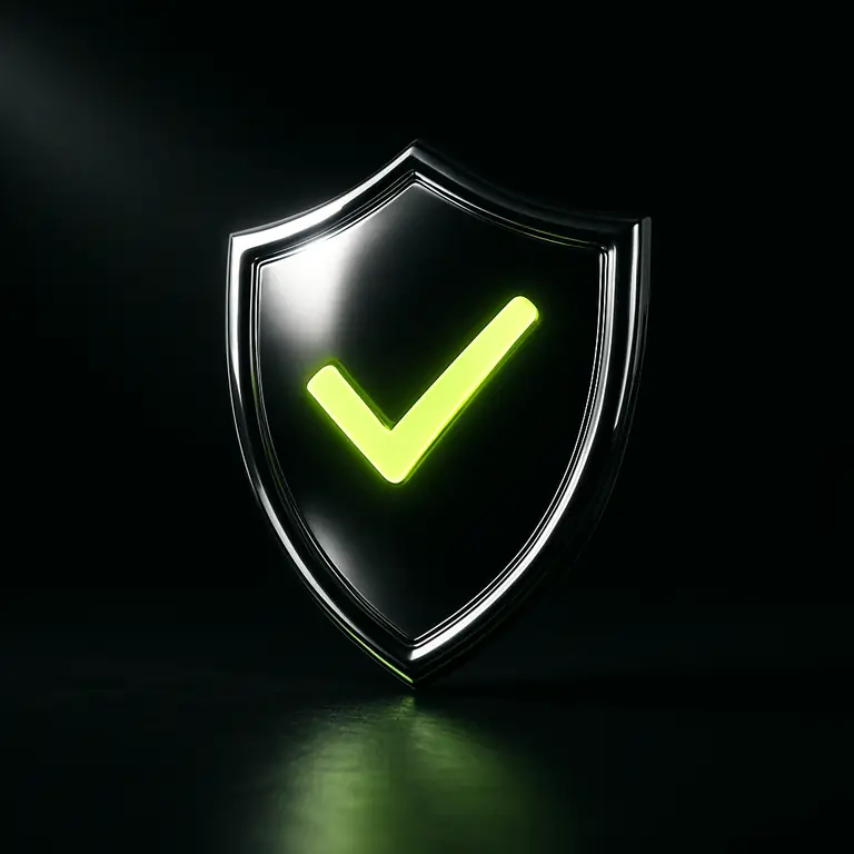 Chrome shield with a glowing lime verified checkmark