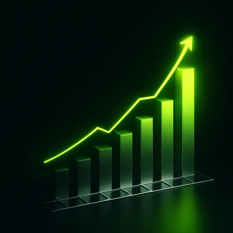 Glowing lime growth chart climbing steeply on a dark grid
