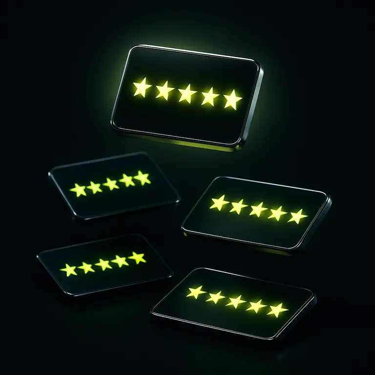 Floating review cards with glowing lime five-star rows